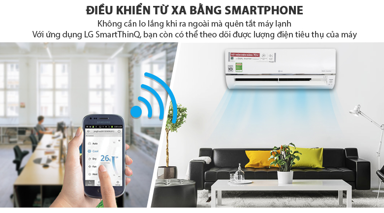 7. Điều hoà không khí LG này có thể điều khiển từ xa bằng Smart Phone nhờ công nghệ LG ThinQ