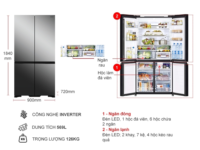 1. Tủ lạnh Hitachi R-WB640VGV0X MIR Inverter 569 Lít
