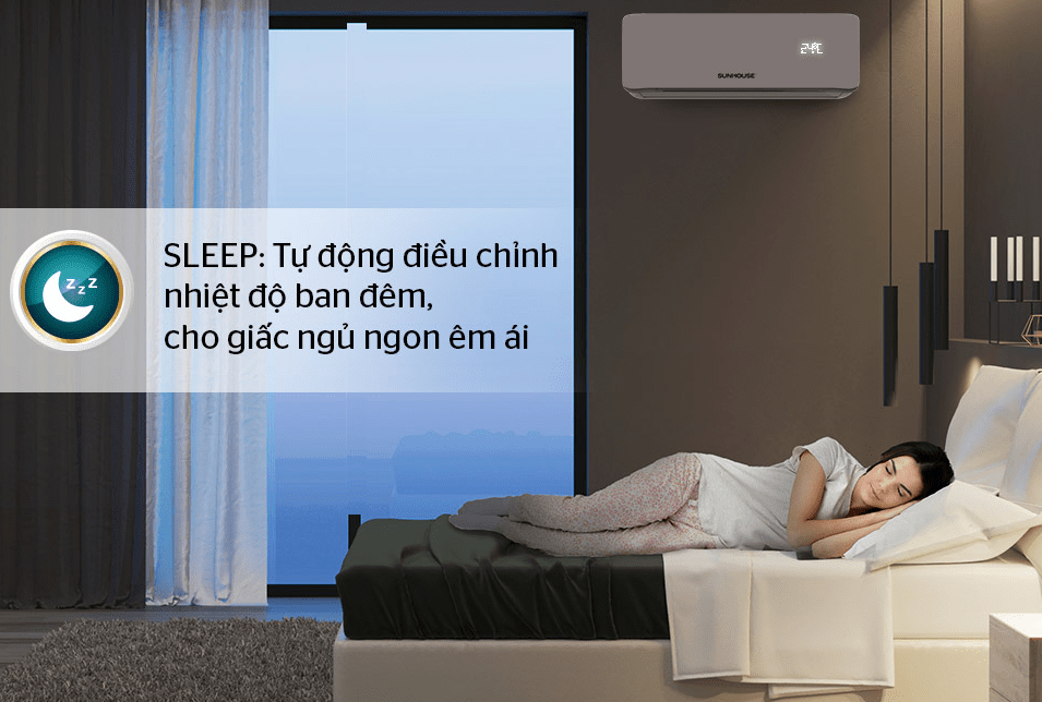 8. Chế độ SLEEP tự động điều chỉnh nhiệt độ ban đêm trên máy lạnh Sunhouse SHR-AW24C310