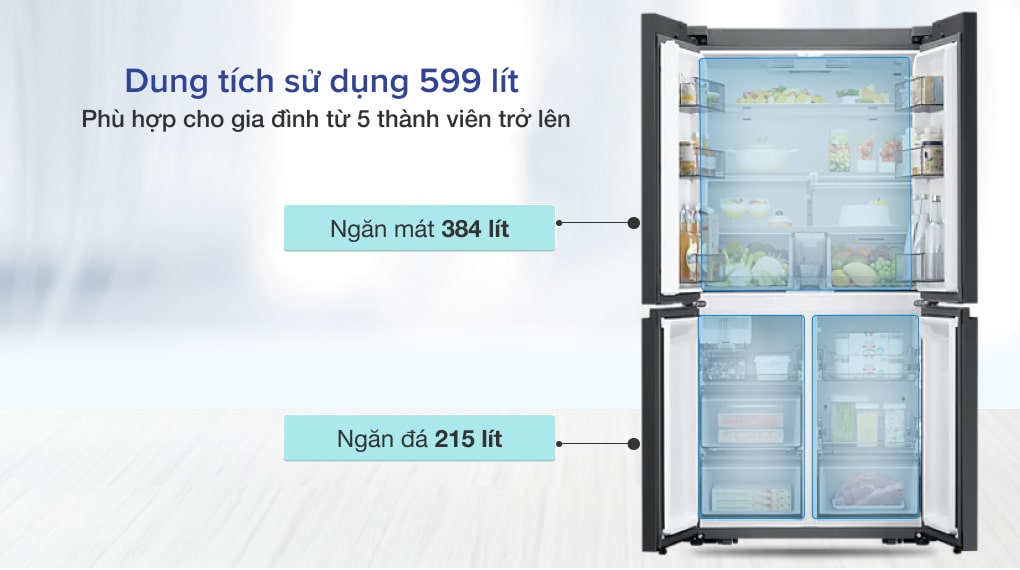 Tủ lạnh RF60A91R177/SV có dung tích 599 lít phù hợp cho gia đình đông người 