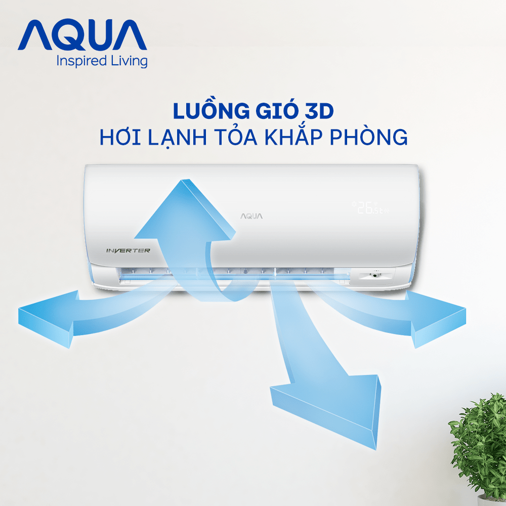 8. Máy lạnh AQUA sở hữu luồng gió 3D giúp hơi lạnh lanh toả khắp phòng