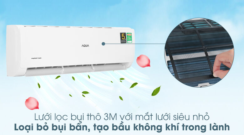 3. Máy lạnh AQUA sở hữu lưới lọc bụi 3M giúp lọc sạch bụi mịn và vi khuẩn gây bệnh