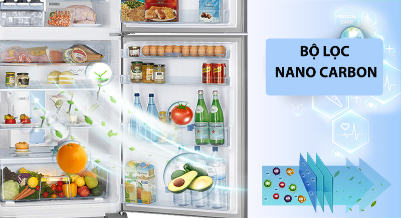Tủ lạnh được trang bị bộ lọc kháng khuẩn Nano Carbon khử mùi, bảo vệ sức khoẻ