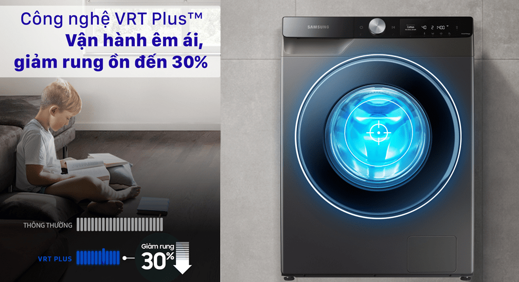 5. Máy giặt 10Kg SamSung WW10T634DLX/SV giặt giũ êm ái, giảm ồn, chống rung đến 30% trong quá trình với giặt công nghệ VRT Plus™