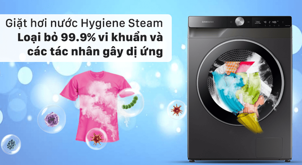 8. Máy giặt WW10T634DLX/SV SamSung diệt khuẩn 99,9% và các tác nhân dị ứng với giặt hơi nước Hygiene Steam
