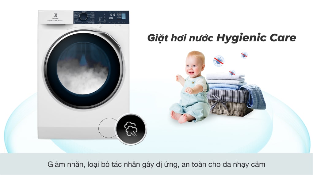 8. Giặt hơi nước Hygienic Care với nhiệt độ cao, khả năng diệt khuẩn lến tới 99,9%