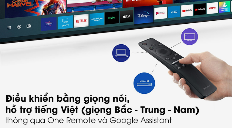 3. Tivi Samsung có thể tìm kiếm các thông tin dễ dàng bằng giọng nói nhờ One Remote và trợ lý ảo Google Assistant