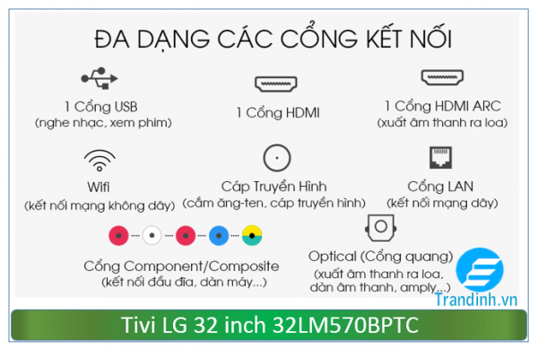 Tivi LG 32 inch 32LM570BPTC hỗ trợ nhiều cổng kết nối 