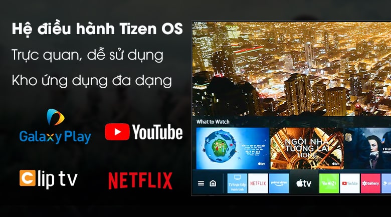 Kho ứng dụng giải trí đa dạng trên tivi Samsung QA43Q65A với hệ điều hành Tizen OS