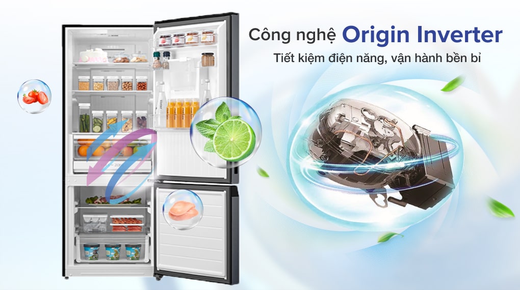 3. Công nghệ Origin Inverter giúp tiết kiệm điện hiệu quả trên tủ lạnh Toshiba GR-RB405WE-PMV(06)-MG