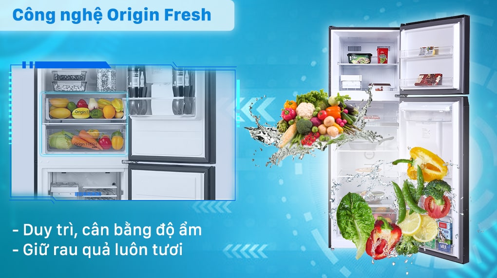 Ngăn Origin Fresh rộng rãi giúp duy trì độ ẩm và bảo quản thực phẩm tối ưu 