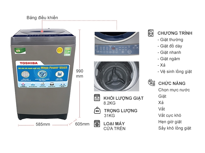 Tổng quan cấu trúc máy giặt Toshiba 8.2 kg AW-J920LV (SB)