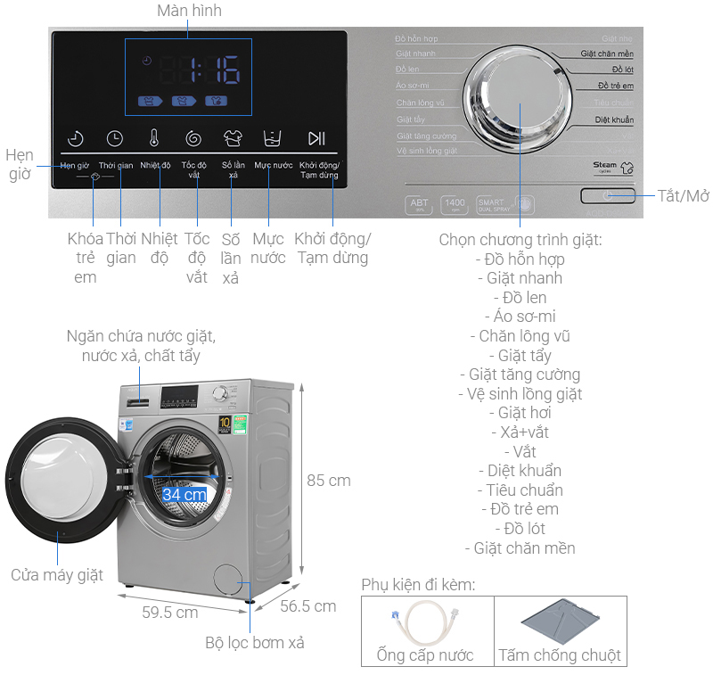 2. Tổng quan máy giặt Aqua 9kg Inverter AQD-D900F S (Hình ảnh bên dưới)