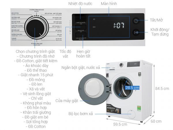 Cấu trúc và thiết kế bảng điều khiển của máy giặt Toshiba Inverter 8.5 Kg TW-BH95S2V WK