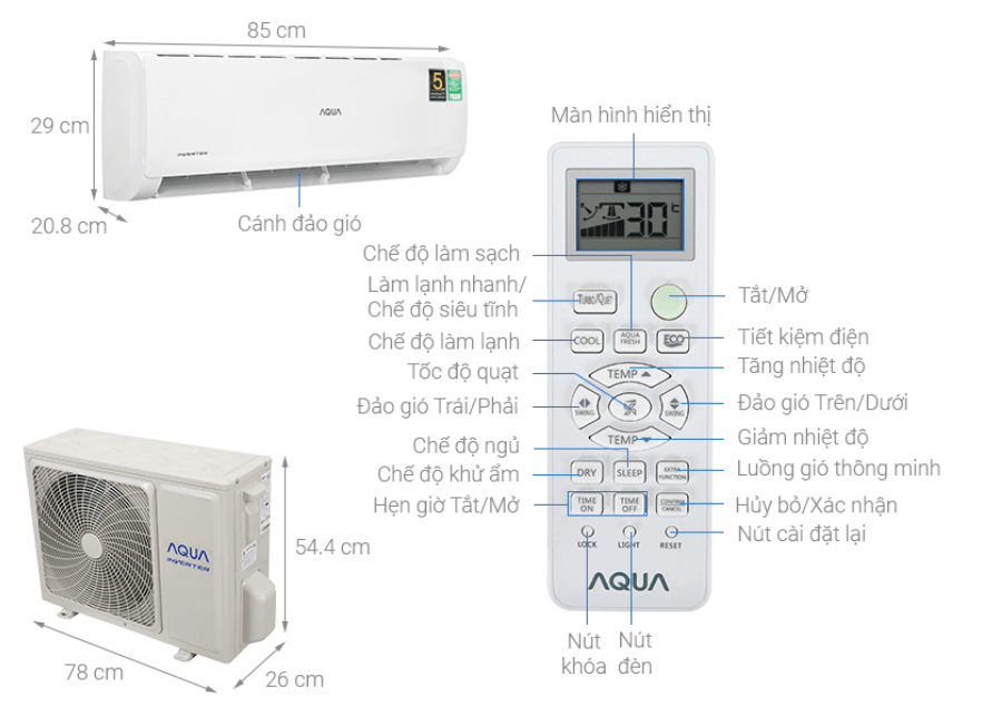 1. Hình ảnh tổng quát điều hoà Aqua Inverter 1.5 HP AQA-KCRV13TK 