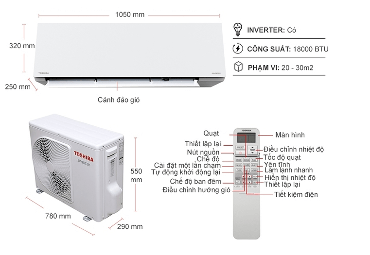 1. Hình ảnh tổng quan điều hoà inverter 18000btu Toshiba RAS-H18E2KCVG-V 