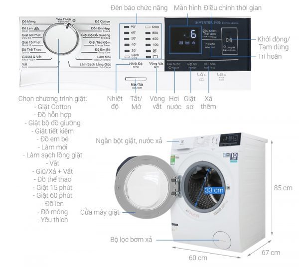 1. Những thông tin thổng quát về thông số và vẻ ngoài của máy giặt EWF9024BDWB