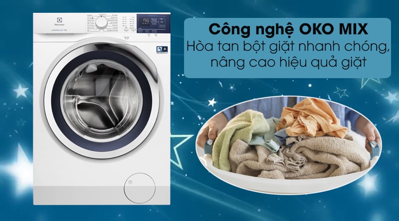 6. Nhờ có công nghệ OKO MIX giúp hòa tan bột giặt nhanh chóng