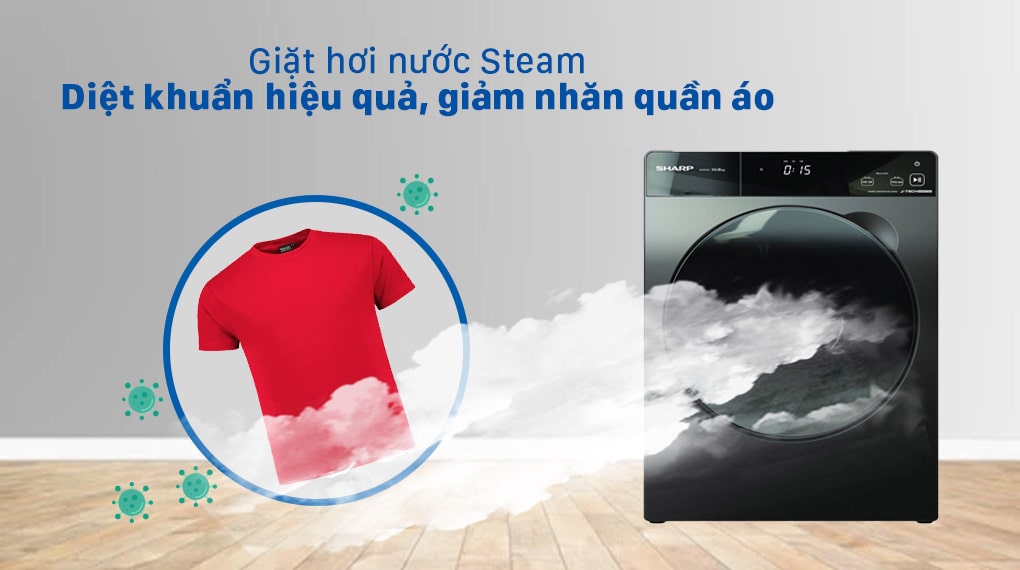 8. Chế độ giặt hơi nước Steam giúp diệt khuẩn và bảo vệ sức khỏe gia đình