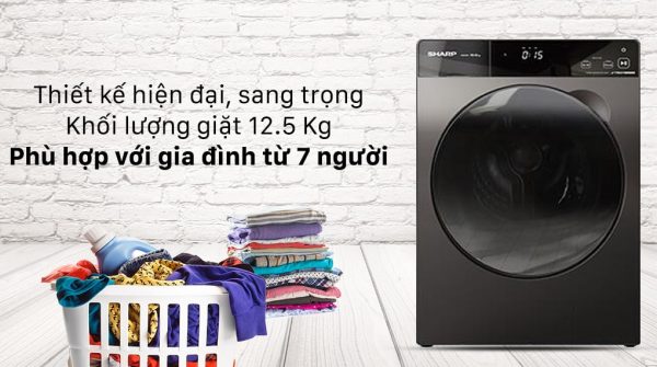 1. Máy giặt Sharp inverter ES-FK1252PV-S phù hợp với gia đình trên 7 thành viên 
