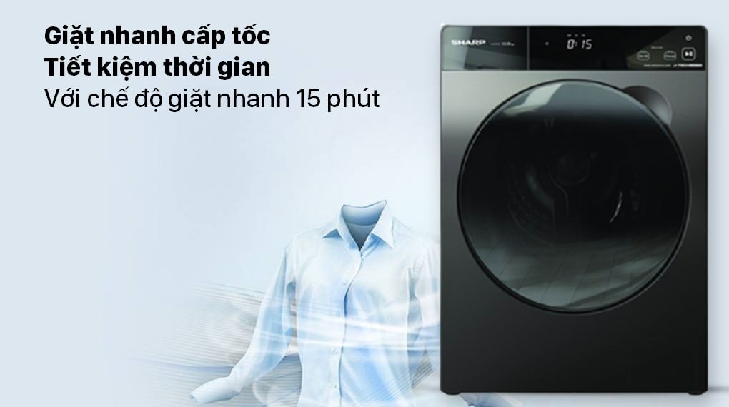 6. Máy giặt Sharp ES-FK954SV-G tích hợp tính năng giặt nhanh 15 phút
