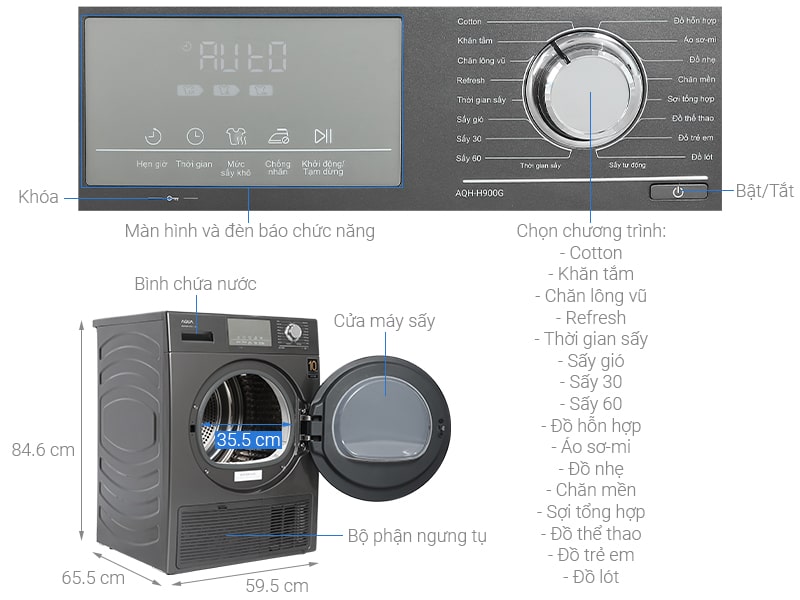 Hình ảnh tổng quát máy sấy bơm nhiệt Aqua AQH-H900G PS 9Kg 
