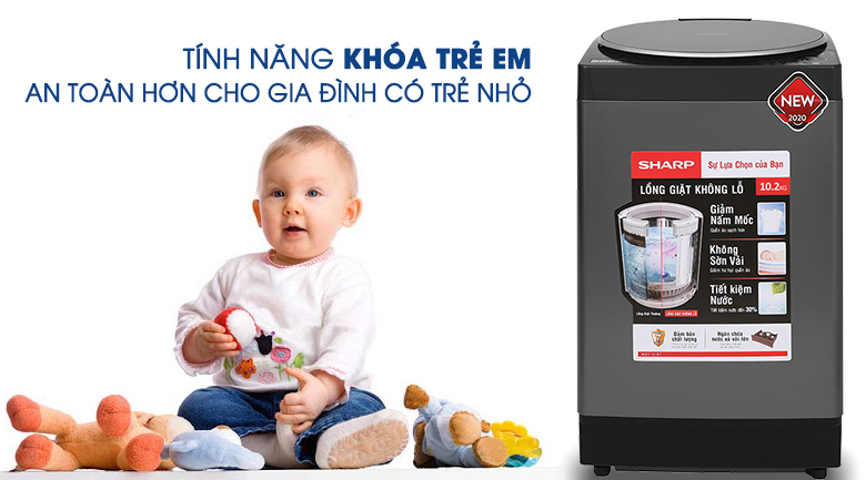 9. Máy giặt Sharp ES-W102PV-H tích hợp tính năng khóa trẻ em an toàn