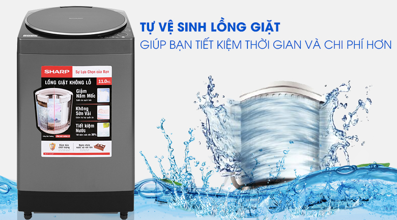 9. Máy giặt Sharp ES-W110HV-S tiết kiệm chi phí và thời gian với tính năng tự vệ sinh lồng giặt