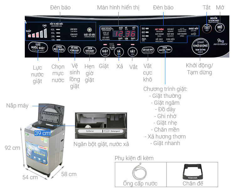 Tổng quan cấu trúc và các chế độ máy giặt Toshiba Inverter 9 Kg AW-DJ1000CV SK