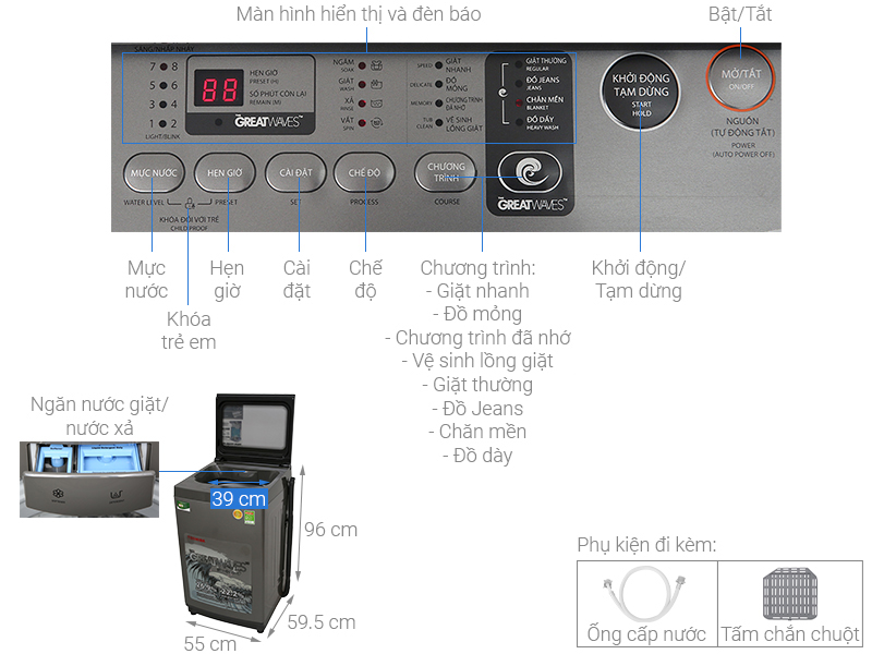 Hình ảnh tổng quát cấu trúc và bảng điều khiển máy giặt Toshiba 9 kg AW-K1005FV(SG)