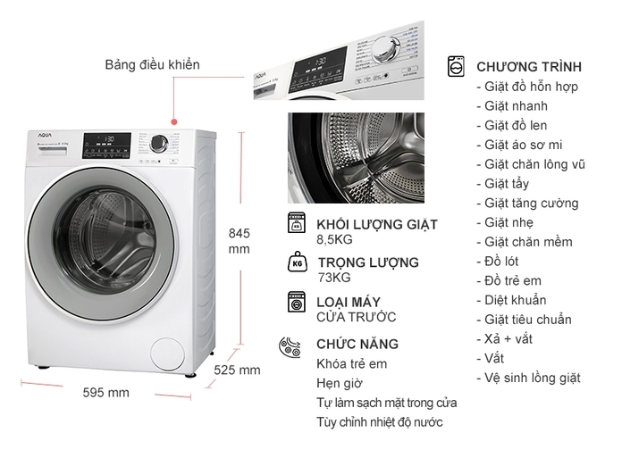 1. Tổng quan máy giặt Aqua inverter 8.5kg AQD-D850E W
