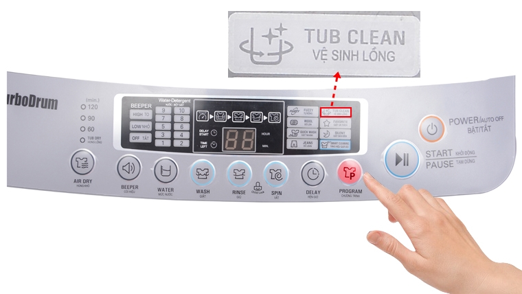 Bấm nút Program chọn chế độ Tub Clean (Vệ sinh lồng giặt)