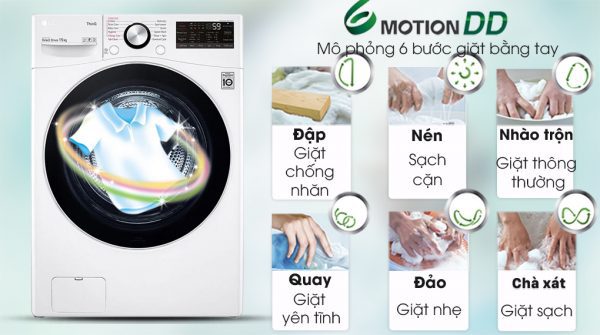 Máy giặt LG Inverter 15 Kg F2515STGW- Bảo vệ sợi vải tối ưu, giảm xoắn rối quần áo với công nghệ giặt 6 chuyển động