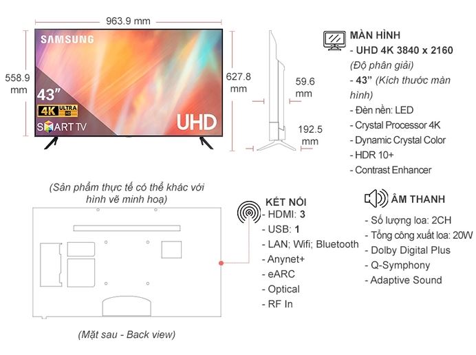 Smart Tivi Samsung 4K Crystal UHD 43 inch UA43AU7002