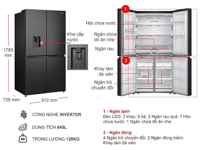 Tủ lạnh multidoor Casper RM-680VBW inverter 645 lít
