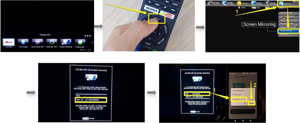 Cách trình chiếu nội dung từ điện thoại lên màn hình tivi Sharp
