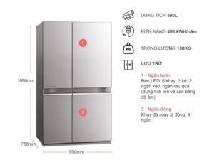 Tủ lạnh Mitsubishi Inverter 580 lít MR-L72EN-GSL-V Bạc ánh kim