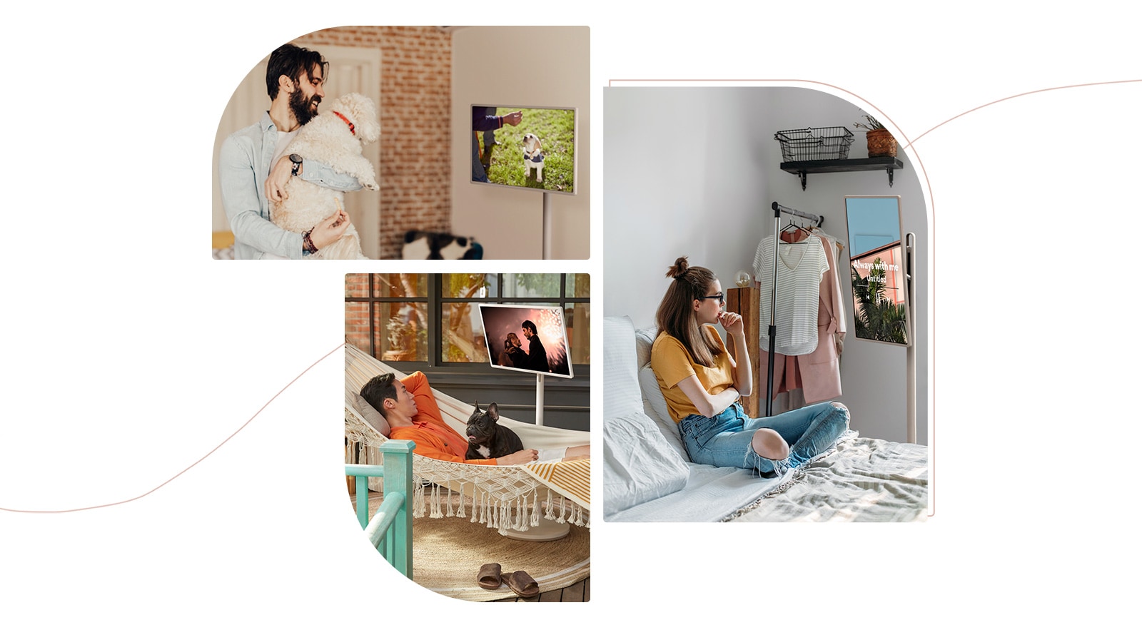 Ba bức ảnh ghép phong cách gồm những người khác nhau xem TV thật vui vẻ trong thời gian chờ đợi.