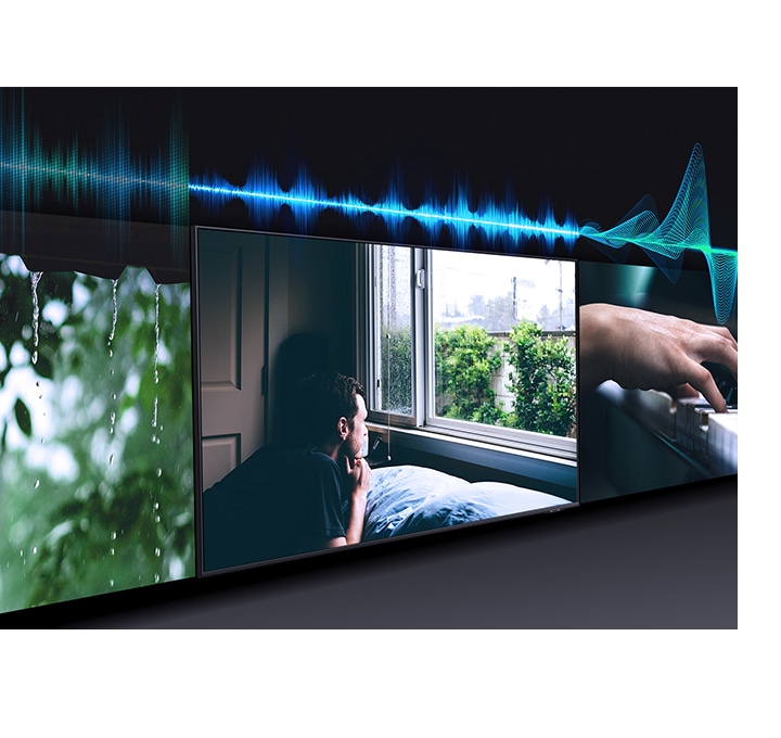 Đồ họa sóng âm thanh mô phỏng cho thấy công nghệ thông minh cảnh quan âm thanh đang tối ưu hóa âm thanh TV từ âm nhạc đến cảnh rạp chiếu phim.