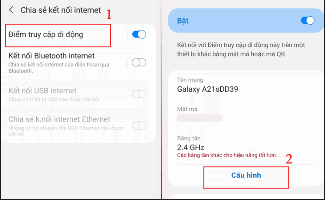 Bước 2: Bạn hãy nhấn tiếp vào điểm truy cập di động > chọn Cấu hình.