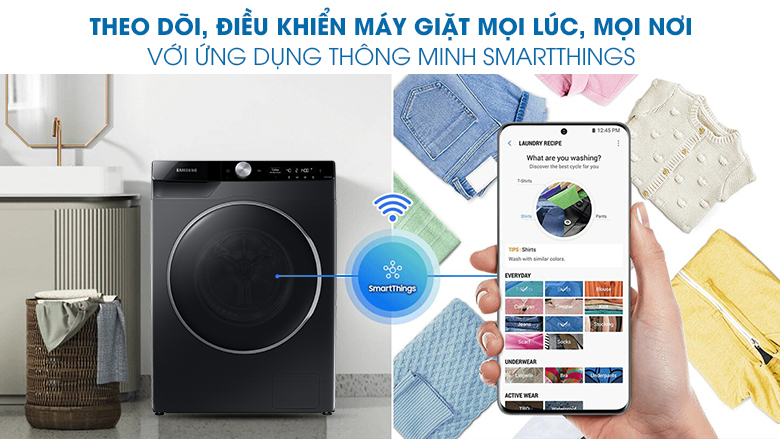 Ứng dụng SmartThings-Máy giặt Samsung AI Inverter 9 kg WW90TP44DSB/SV lồng ngang