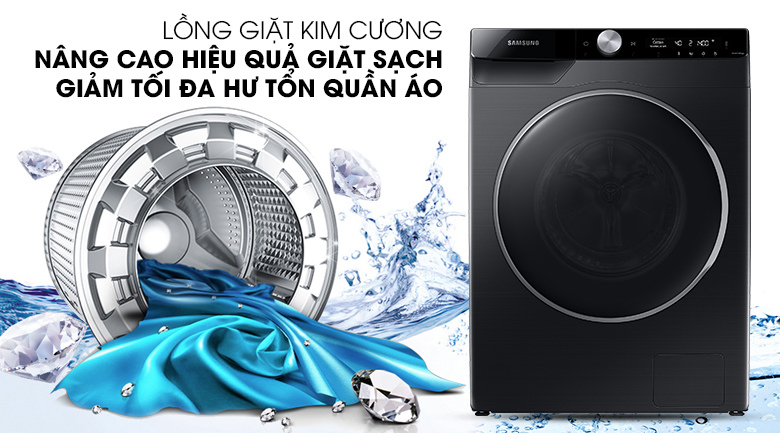 Lồng giặt kim cương-Máy giặt Samsung AI Inverter 9 kg WW90TP44DSB/SV lồng ngang