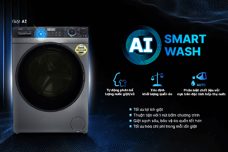 Giặt thông minh AI Smart Wash-Máy giặt Aqua Inverter 9 kg AQD-D903G.BK lồng ngang