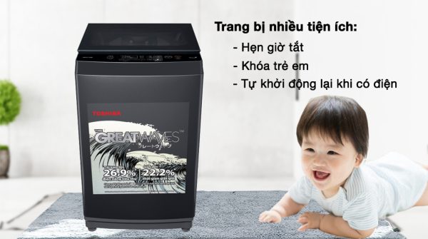 Trang bị nhiều tiện ích như hẹn giờ tắt, khóa trẻ em và tự khởi động lại khi có điện - Máy giặt Toshiba 9 kg AW-M1000FV(MK)