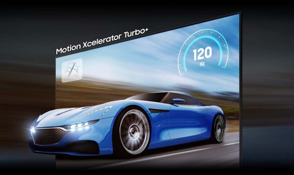 The blue car on the TV screen looks clearer and more visible on the QLED TV than on conventional TV due to motion xcelerator turbo  technology. 120Hz is on display.