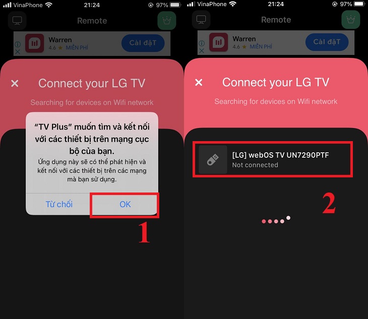 Chọn OK > Chọn tivi mà bạn muốn kết nối.