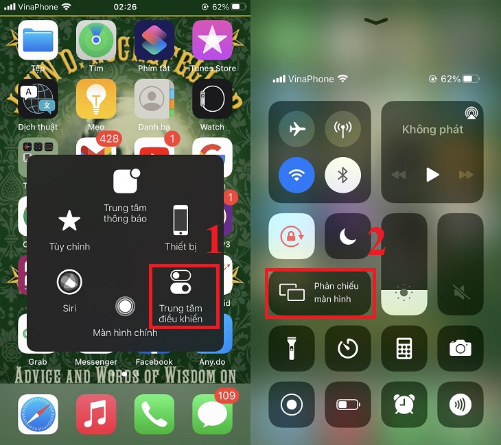 Trên điện thoại iPhone của bạn, chọn Trung tâm điều khiển > Chọn Phản chiếu màn hình.