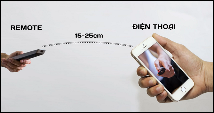 Đưa điều khiển ra trước camera điện thoại hoặc ống kính máy ảnh với khoảng cách từ 15 - 25cm.