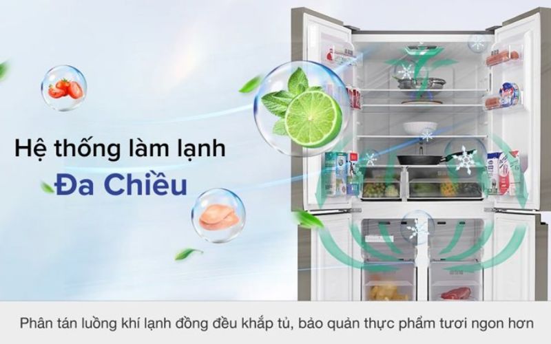 Hệ thống làm lạnh kép Hybrid Cooling giúp hơi lạnh tỏa đều khắp ngăn tủ, duy trì độ tươi ngon thực phẩm toàn diện.