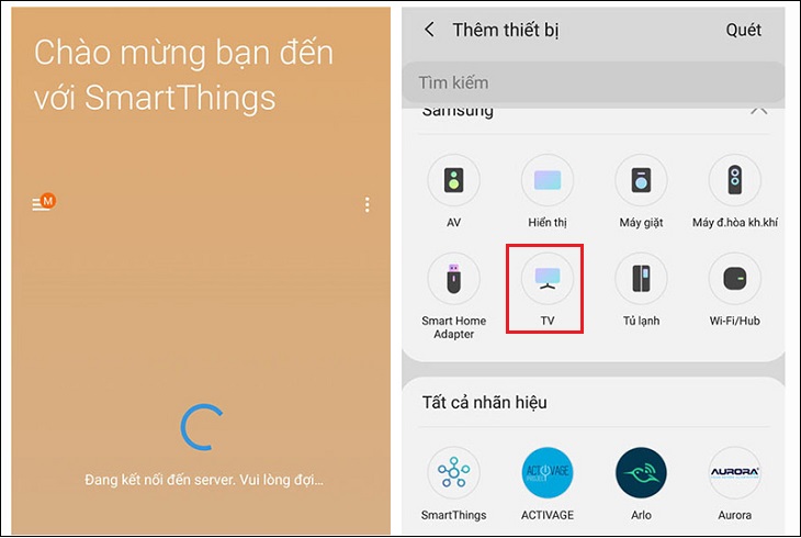 Mở app SmartThings trên điện thoại, chọn Bắt đầu > Chọn TV.